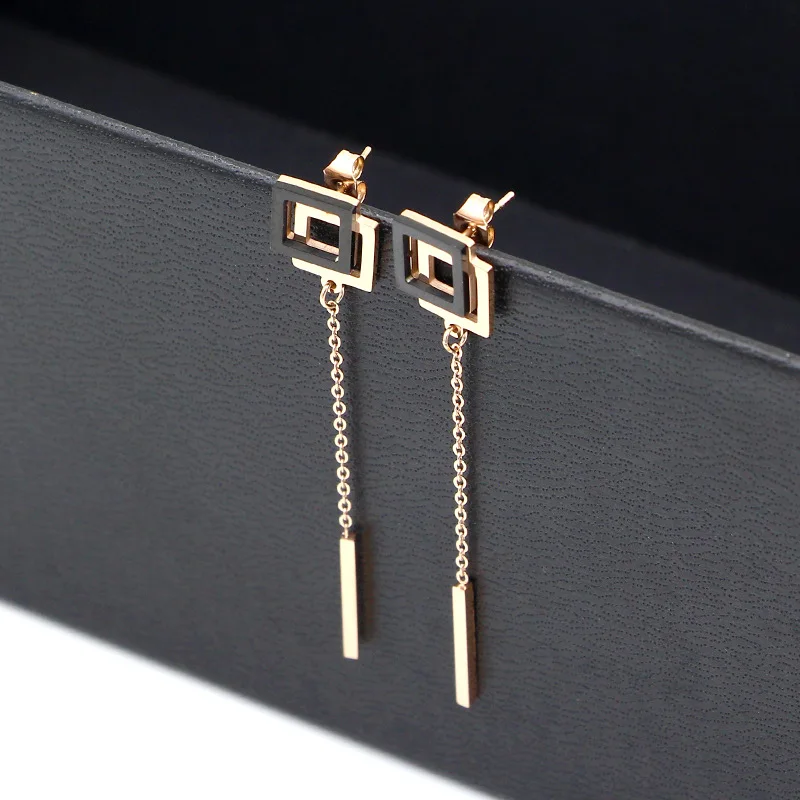 IP Rose Gold черный двойной box кисточкой невесты серьги. Boho из нержавеющей стали titanium