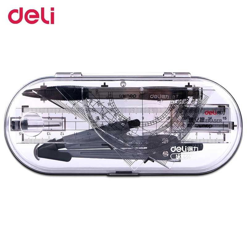 Deli 8PCS Ruler Set Triangle Measuring Rule Compasses Drawing Test Teaching Ruler Compasses Triangular Plate for School Students