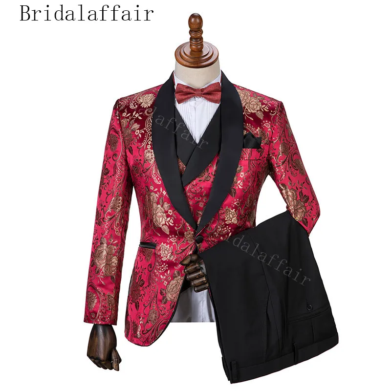 Bridalaffair элегантный пион цветы жаккард Мужские свадебные костюмы Slim Fit 3 шт смокинг