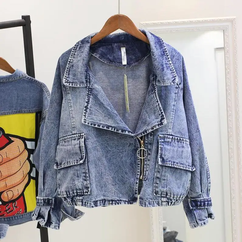 Осень Для женщин с лацканами джинсовая куртка уличная Zip-up длинным рукавом Винтаж