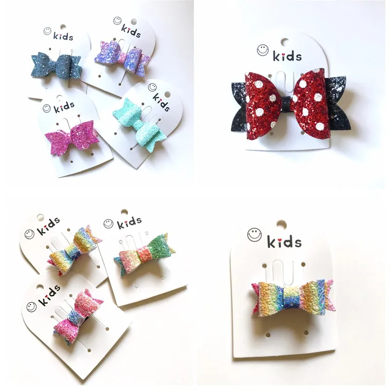 

10pcs/lot Rainbow Color Glitter Leather Bow Hair Clip Red Bow White Dot Hairpin Hot Pink Blue Girls Princess Fairy Barrette