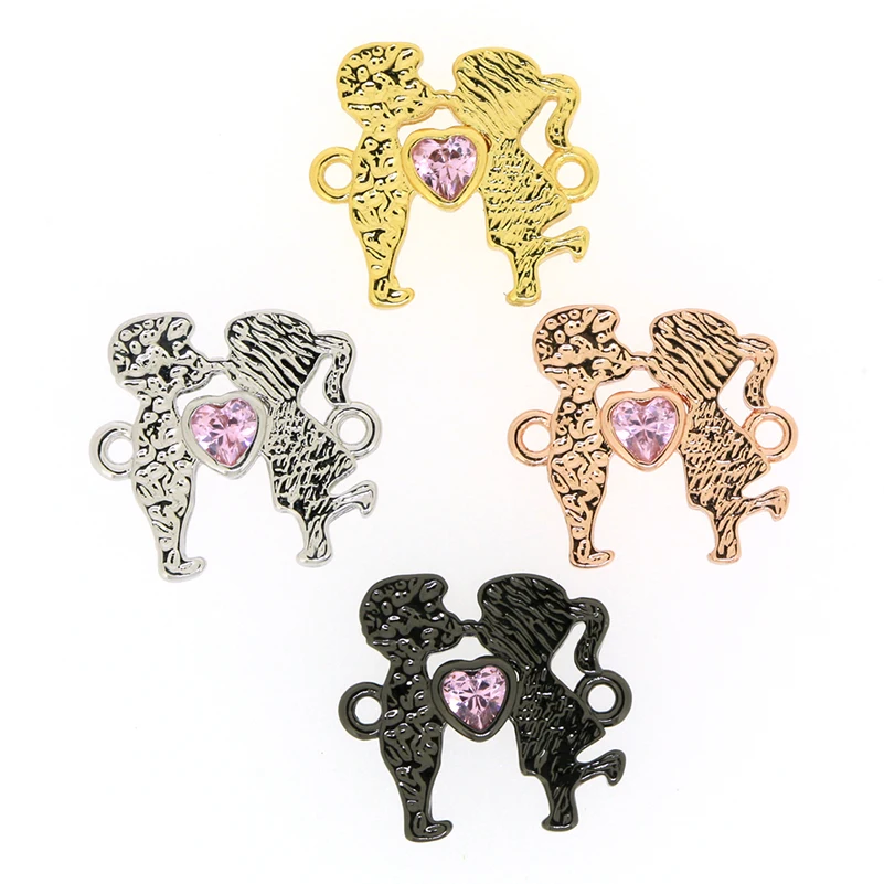 Charms 4 Metal Colors Sweet Kissing Couple Charm With Heart Shape Pink Crystal 2 Loops For Chic Diy Jewelry Making Bracelet | Украшения и