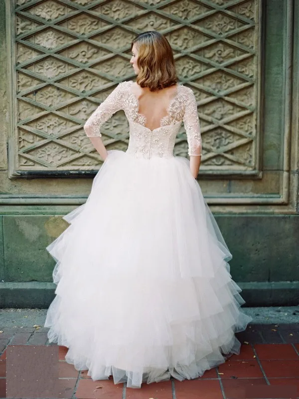 Три четверти рукава бальное платье свадебные платья милая длиной до пола