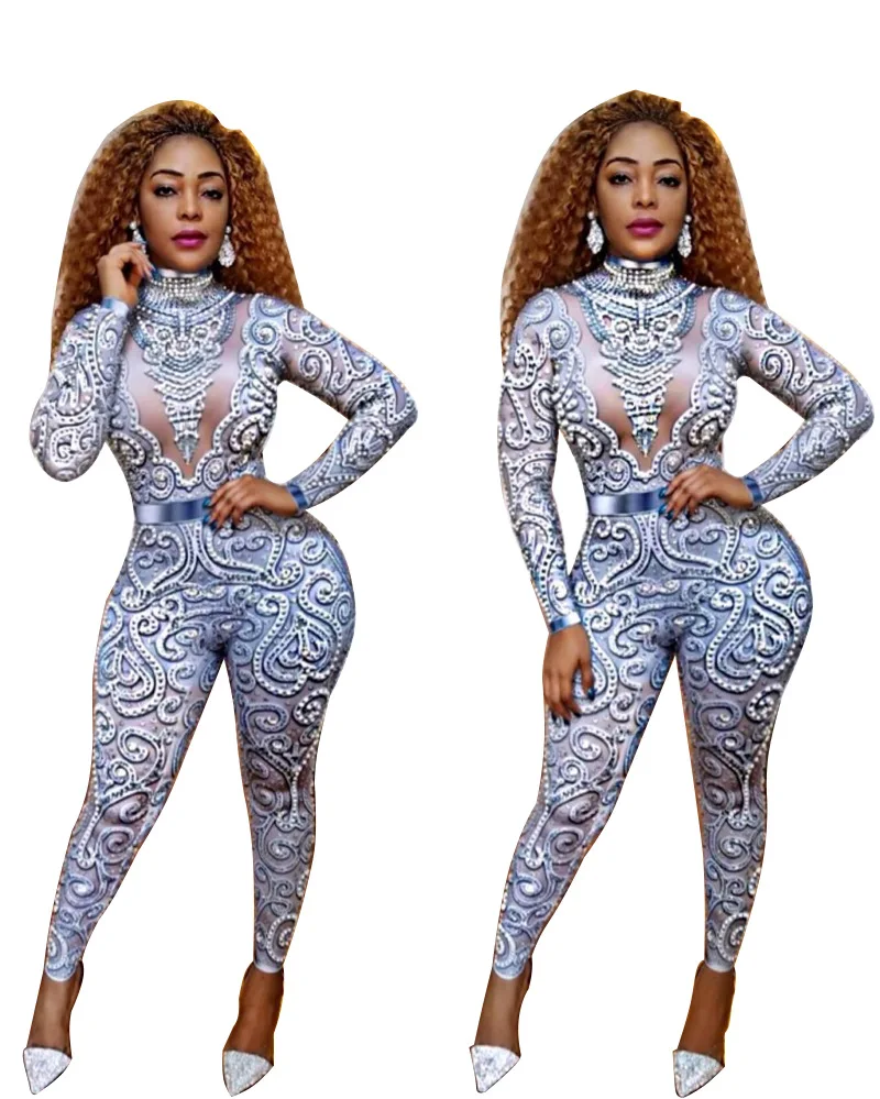 

Printed Female Silvery Gray Jumpsuit Sexy Stretch nightclub Bodysuit Singer Bar Party Stage Performance DS Costume