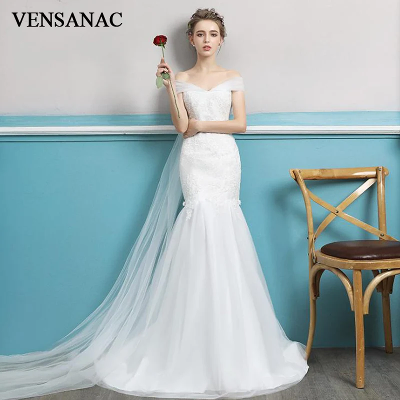 

Женское свадебное платье VENSANAC, кружевное платье с юбкой-годе и коротким рукавом, украшенное бусинами, 2018