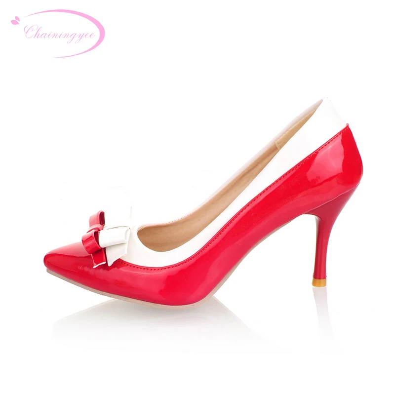 

Chainingyee sweet style sexy pointed toe pumps paint fashion color matching bowknot red black high heels big size women shoes
