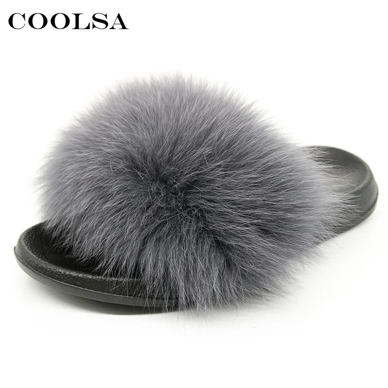 Coolsa/Лидер продаж; летние женские меховые тапочки; шлепанцы без задника с натуральным лисьим мехом; Дизайнерская обувь на плоской подошве; пушистые плюшевые туфли; женские комнатные тапочки; милые меховые тапочки; Pantufa - Цвет: Dark grey