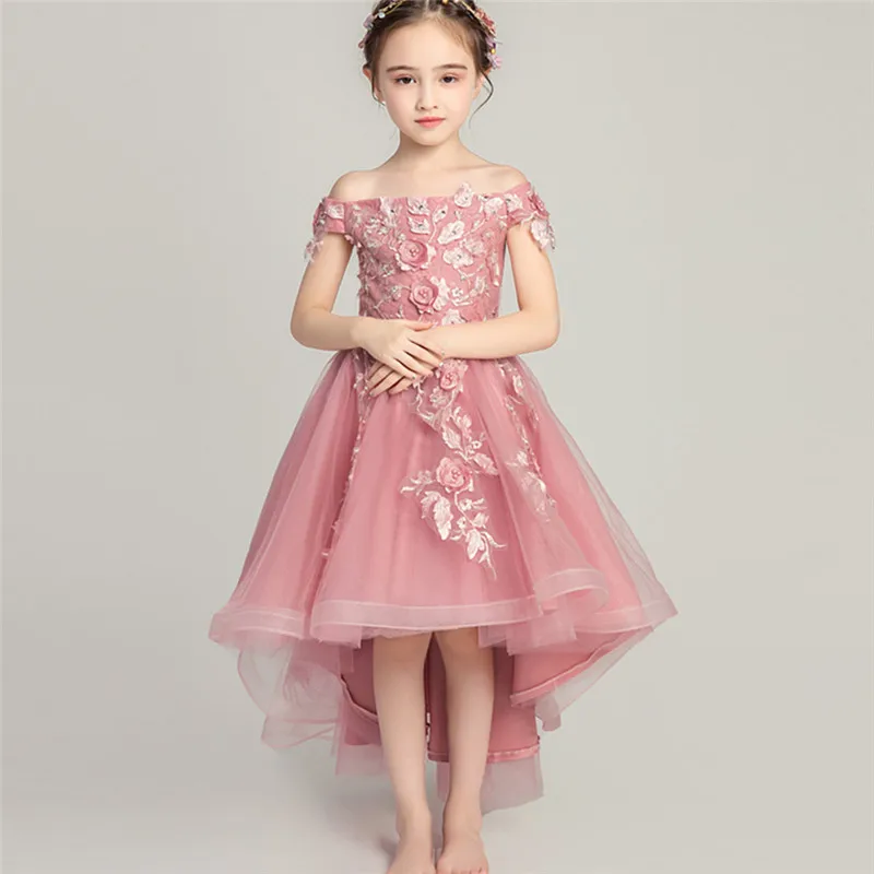 

Summer Sping Elegant Children Girls Shoulderless Collar Birthday Wedding Party Tail Dress Kids Infant Host Piano Mesh Prom Dress