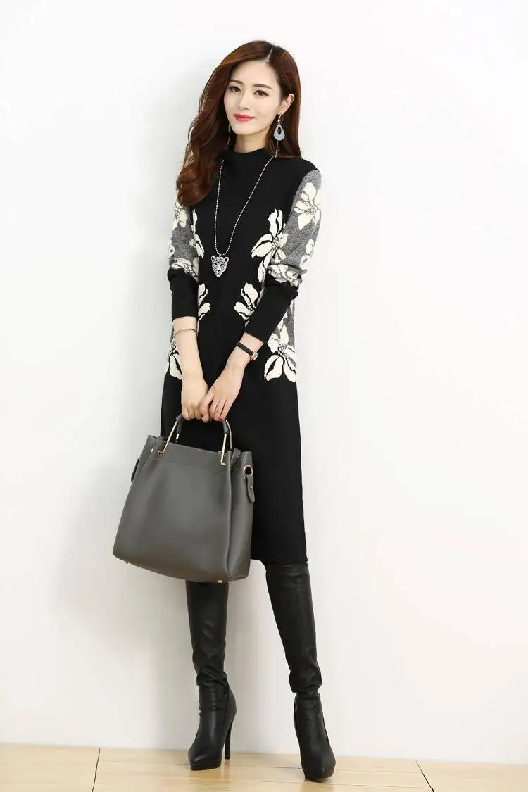 Осенне зимнее Новое плотное бархатное платье с принтом и высоким