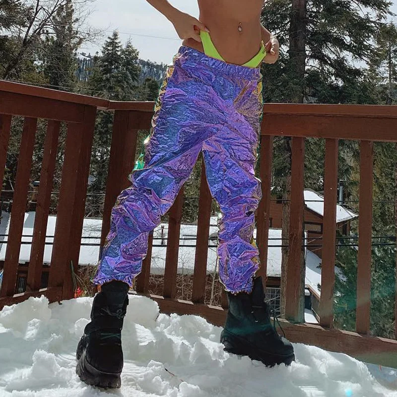 Женские широкие брюки с голографическим рисунком свободные Светоотражающие