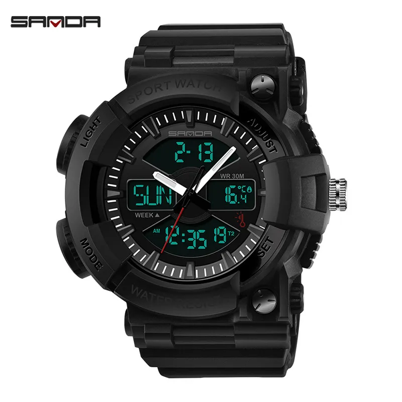 Black SANDA Спортивные Цифровые мужские часы, мужские модные водонепроницаемые часы с термометром, мужские светодиодный наручные часы в стиле милитари, мужские часы - Цвет: Black