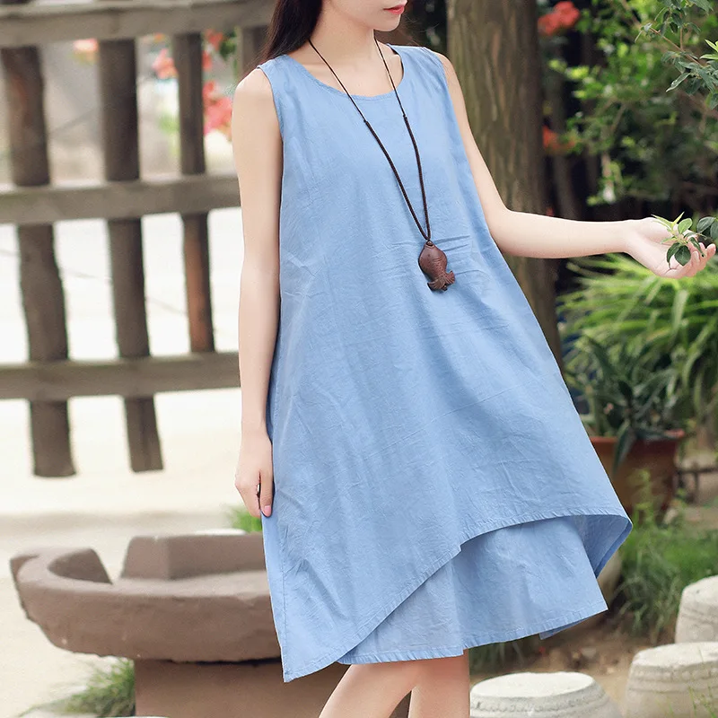 Женское хлопковое льняное платье без рукавов летнее однотонное майка простой