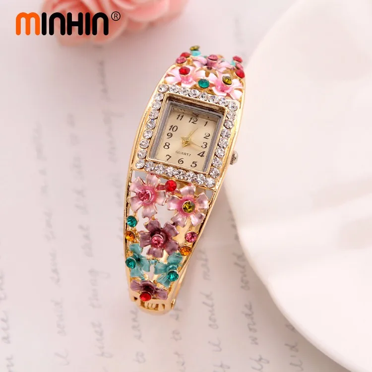 Часы MINHIN Brilliant, 5 цветов, браслет для женщин, золотой цвет, Хрустальный цветок, дизайн, Браслет-манжета, кварцевые часы, повседневные наручные часы