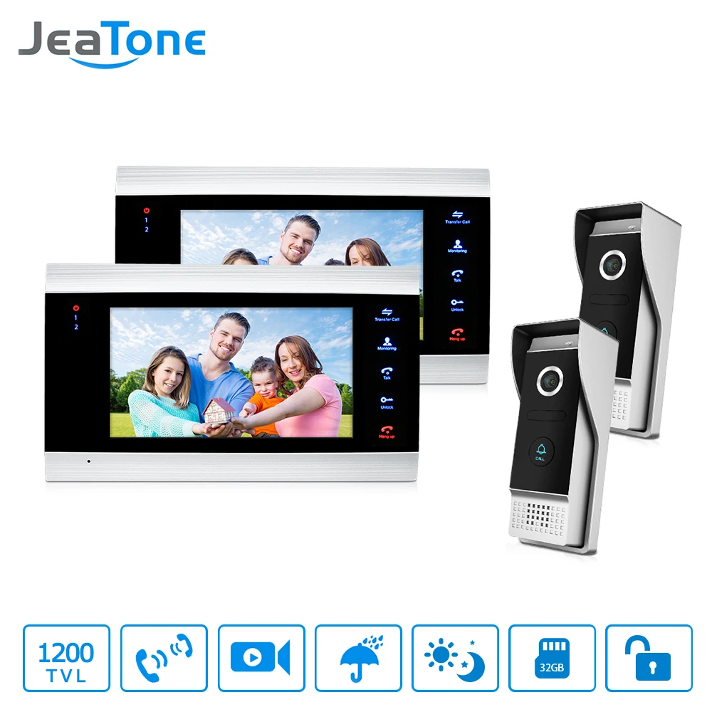 Видеодомофон JeaTone с ЖК экраном 2 камеры + монитора для записи видео домофон