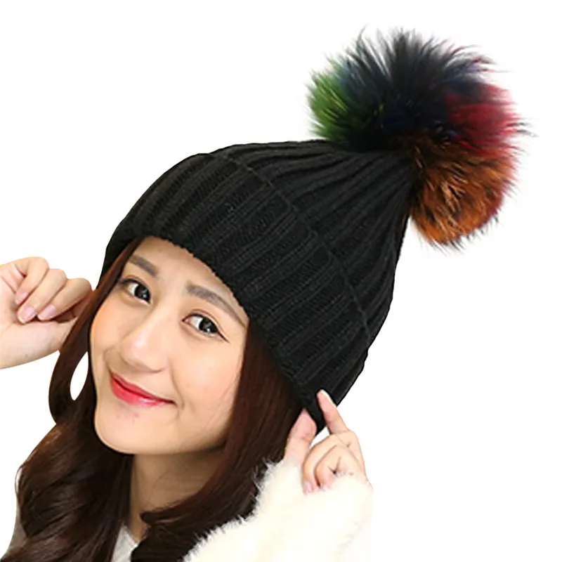 Женские шапки с помпоном из натурального меха вязаные теплые зимние шерсти
