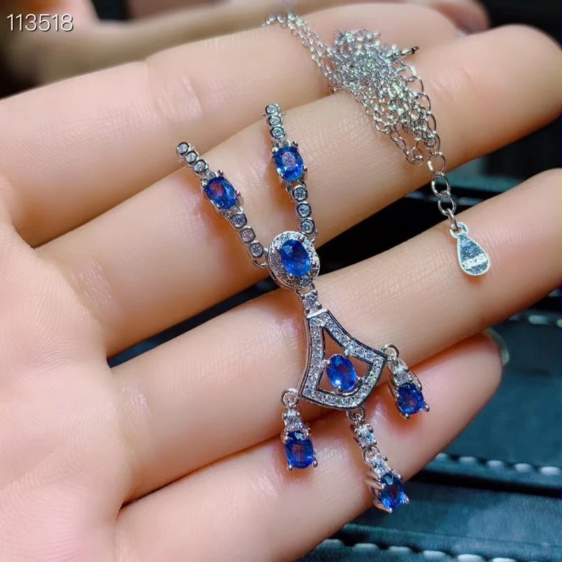 

Natural blue sapphire gem Necklace natural gemstone Pendant Necklace S925 silver ethnic lucky flowers women party gift Jewelry
