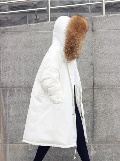 white coat brown fur Большой натуральный мех,, высокое качество, длинная толстая теплая парка, зимняя куртка, Женское пальто, белый утиный пух, куртка, плюс размер, пальто - Цвет: white coat brown fur