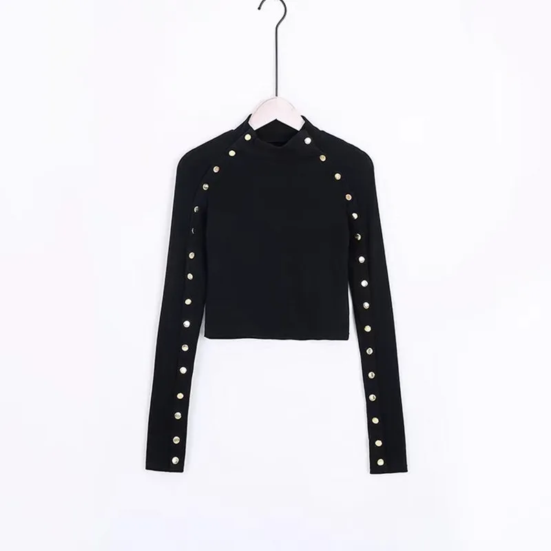 2019 women clothing long sleeve stand collar button solid short T-Shirt crop Top Female sexy fashion slim pure cotton Tees C3197 | Женская