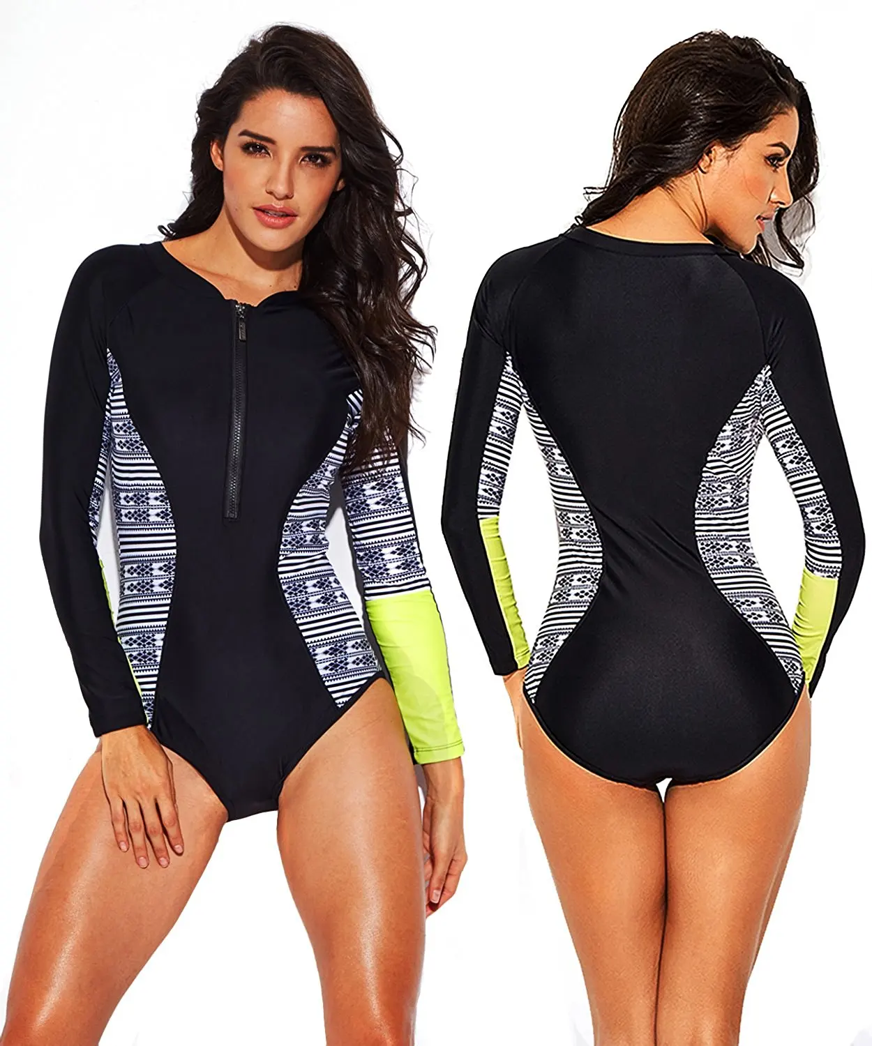 

OUMUYI Women Rashguard Long Sleeves Zipper UV Protection Print Surfing Swimsuit One Piece Swimwear Beach Wear Swimming Costume
