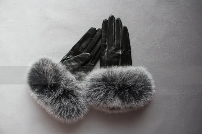 Кожаные перчатки с лисьим мехом на пальцах зимние меховые теплые бархатистой
