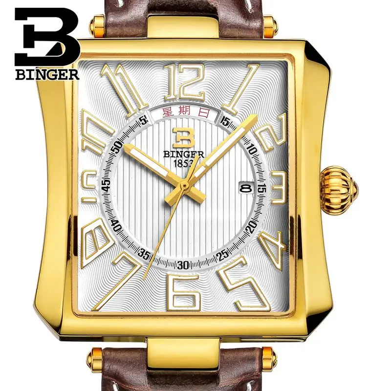 

Switzerland BINGER men's watch luxury brand Tonneau Quartz waterproof leather strap Wristwatches B3038-4