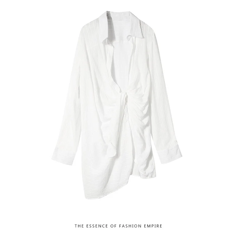 

Momoluna New 2019 Woman high street white mini sexy irregular see-through elbise casual shirt dress