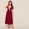 SHEIN контрастное кружевное вечернее платье с вырезом и поясом бордовое с коротким рукавом с глубоким v-образным вырезом сексуальное ночное белье дамское Летнее белье