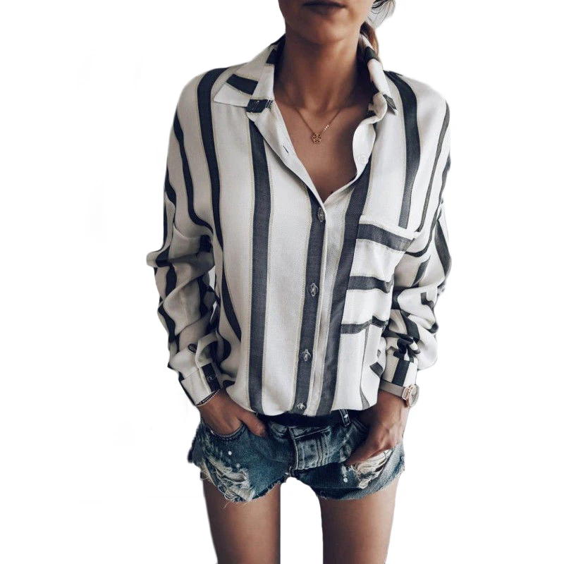 

2018 new arrival women Shirt Top fashion autumn summer clothings loose striped long sleeve casual Shirt Blouse Female street Top