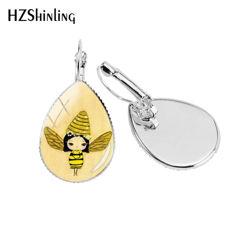 2019 New Bumble Bee Tear Drop Earring Honey Bees Photo Ear Clips Art Glass Dome Handmade Earrings Jewelry | Украшения и