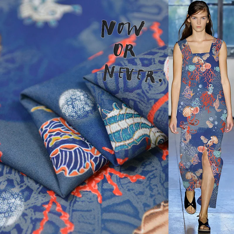 Морской принт с животными шелковая ткань качество натуральный шелк двойной