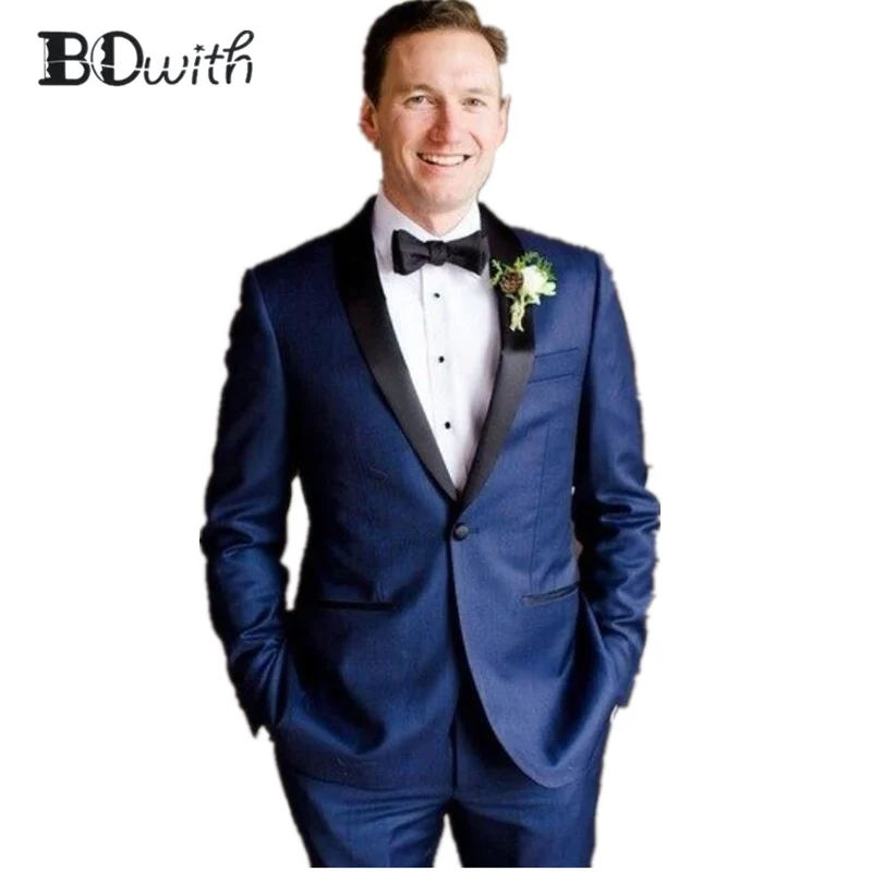 Синий iWedding мужской костюм с воротником шалью приталенный из 2 предметов (пиджак +