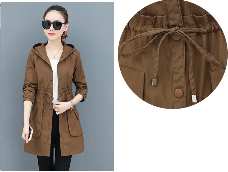 Spring Autumn Trench Coat Women Full Sleeve Thin Overcoat Medium Long Windbreaker Female New Temperament Hooded Clothing