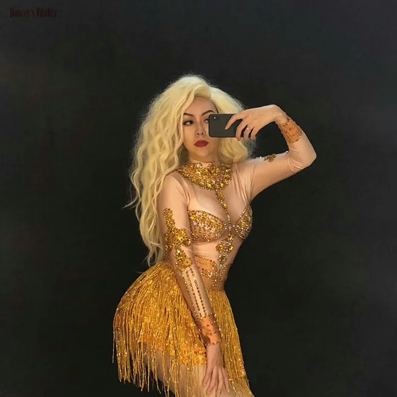 Sparkly Crystals Gold Jumpsuit Stretch Tassel Outfit Celebrate Bright Rhinestones Bodysuit Costume Female Singer Birthday Dress |
