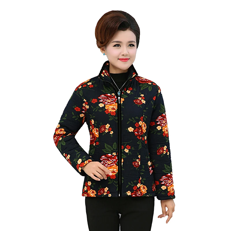 

Middle-Aged Women Windbreaker Spring Autumn Coat Long-Sleeved Print winter thin Add Cotton Plus Size Casual Outerwear YF337