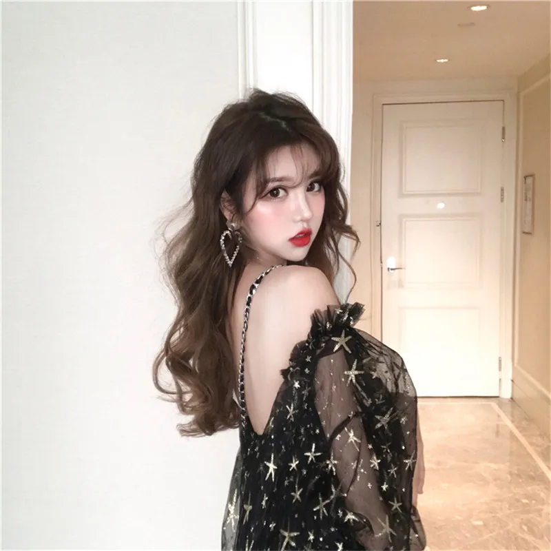 MSSNNG 2019 Summer New Korean Sexy Word Collar Strapless Stars Loose Mesh Dress Fairy Formal Women Elegant | Женская одежда
