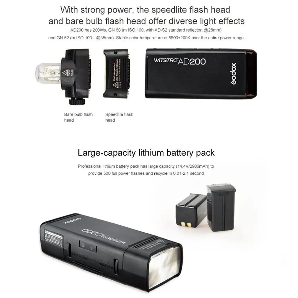 Godox AD200 Pocket Flash Speedlite Double Light Heads 200W 2.4G TTL HSS with 2900mAh Lithium Battery + X1T-N Trigger for Nikon |
