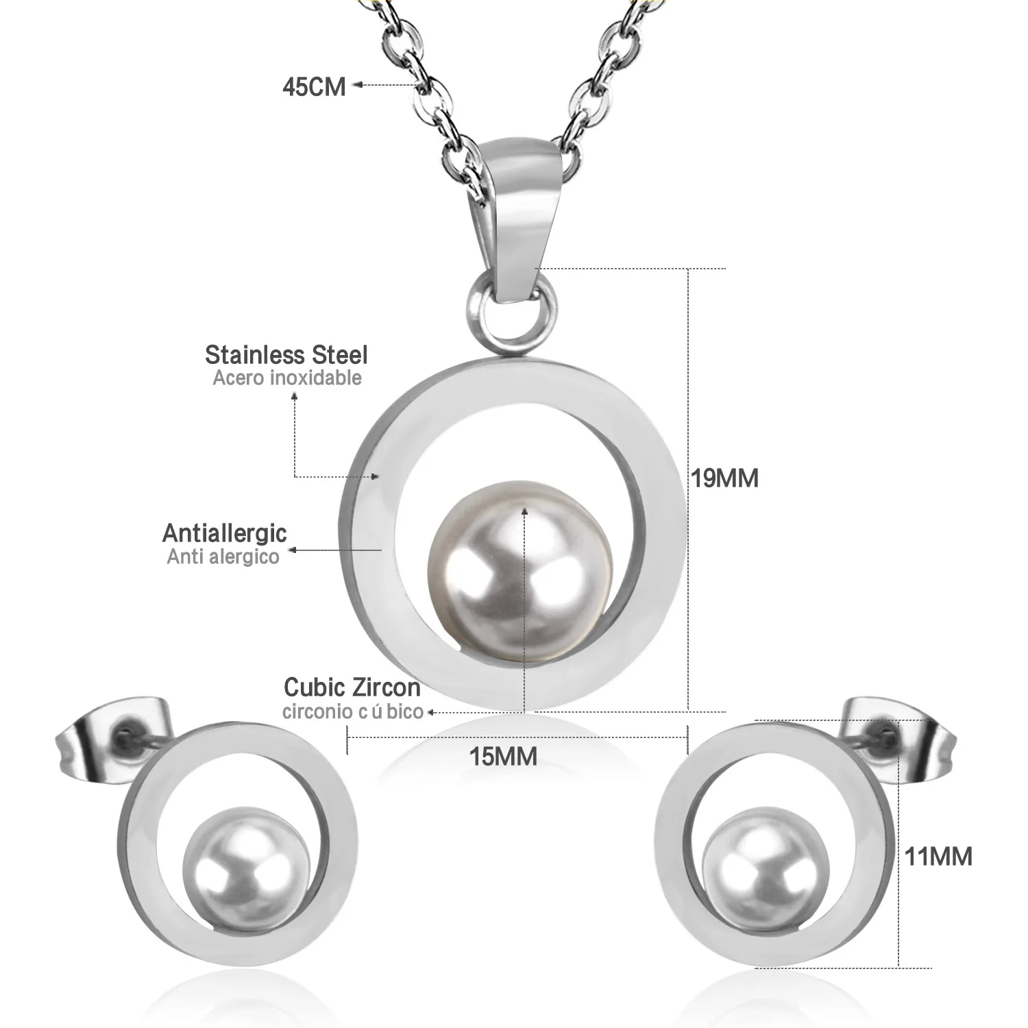 Комплект из колье и серёг LUXUSTEEL нержавеющей стали с круглым искусственным