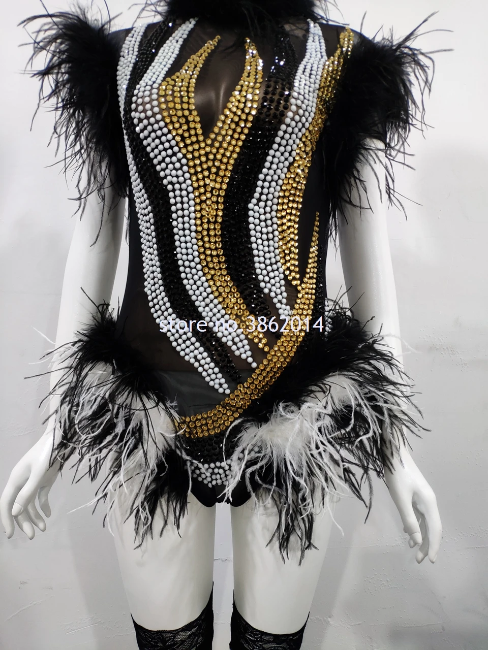 Sparkly Rhinestones Black White Feather Mesh Bodysuit Leggings Nightclub Women Stage Performance Outfits Birthday Party Wear