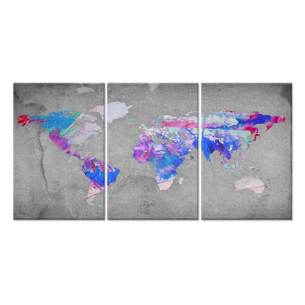 Холст стены искусства печати винтажная карта мира синий фиолетовый цвет на сером