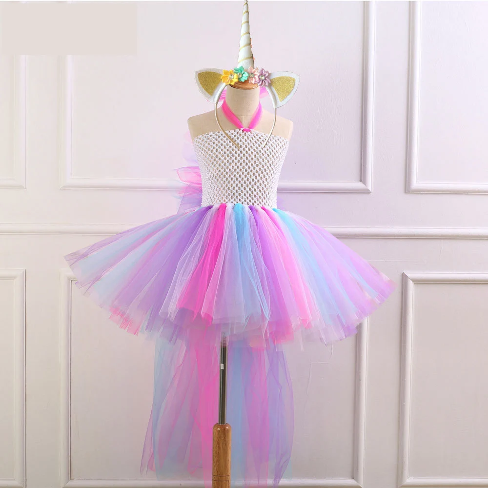 Children Cosplay Halloween Costume Rainbow Mesh Tutu Dress Princess Birthday Party Wedding Kids Girls Dresses + Headband | Детская