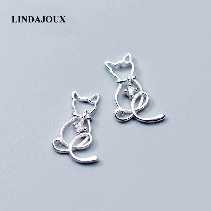LINDAJOUX 925 пробы серебряные милые полые кошачьи с цирконием серьги гвоздики для