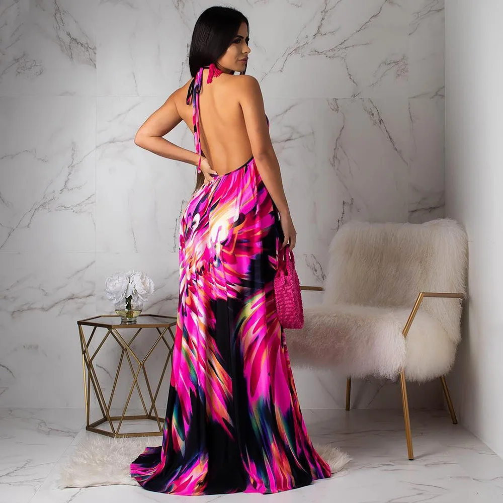 Женское Макси Платье с принтом JRRY длинное платье в пол открытой спиной и лямкой