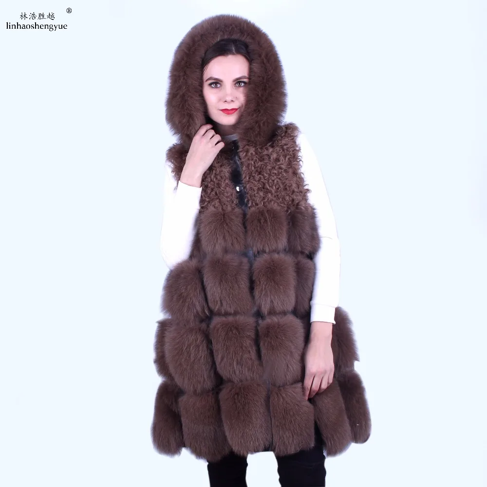 

Linhaoshengyue Модный женский длинный жилет из лисьего меха с капюшоном на груди украшение из овчины