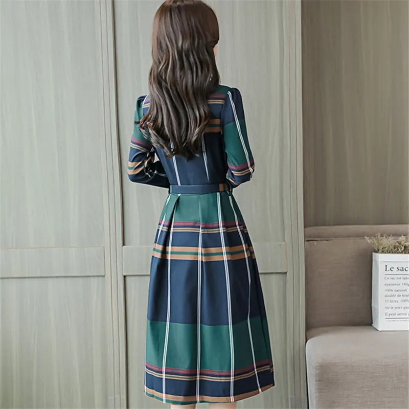 Женское клетчатое платье с длинными рукавами Элегантное Длинное Платье отложным