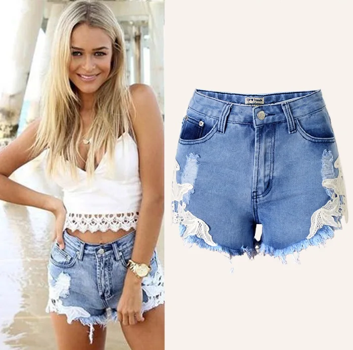 

Good quality Sexy Ripped distressed High Waist Shorts Femme mujer Frayed cutoff plus size denim shorts women Lace Short jeans