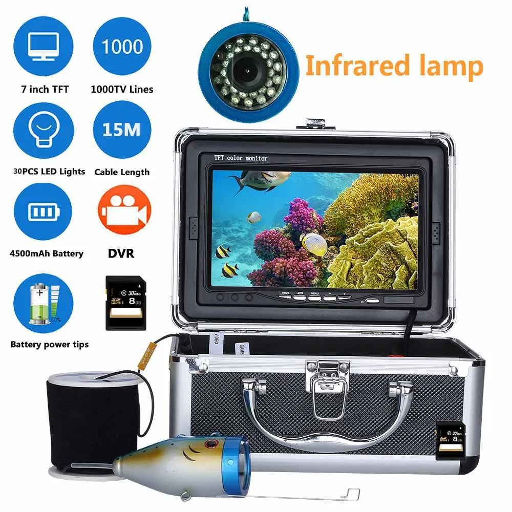 

7" Inch DVR Recorder 1000tvl Underwater Fishing Video Camera Kit 30 PCS LED IR Lights 15M 30M