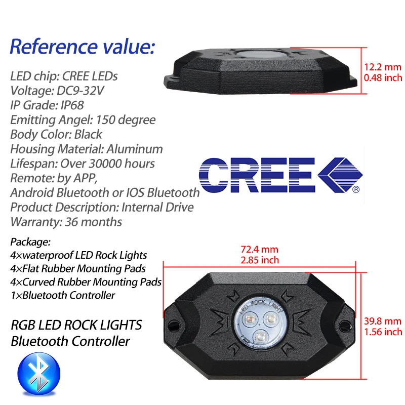 4 шт. набор RGB LED Rock Light с кри ЧИПАМИ автомобиля Led Bluetooth для джипа внедорожника ATV SUV