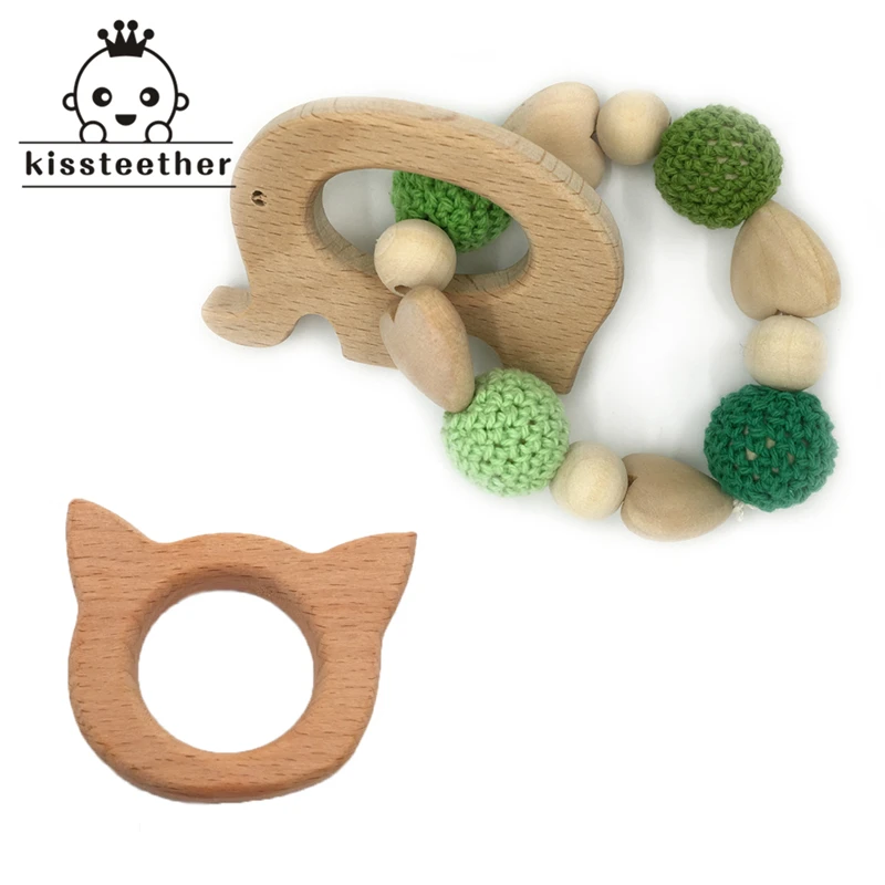 

2pcs Baby Wooden Teether Cat Handmade Nursing Wooden Crochet Bead Teething Crochet Bead Knitted Bead With Bracelet