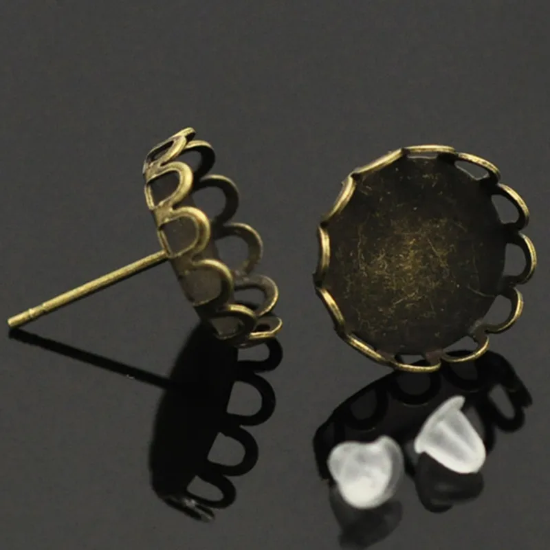 

20Pcs Earring Post With Rubber Stopper Ear Metal Flower Round Cameo Cabochon Setting Bronze Tone Jewelry Finding 15mm(Fit 12mm)