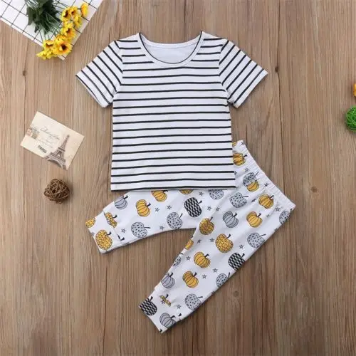 Лето 2018 Одежда для новорожденных девочек футболка в полоску с коротким рукавом